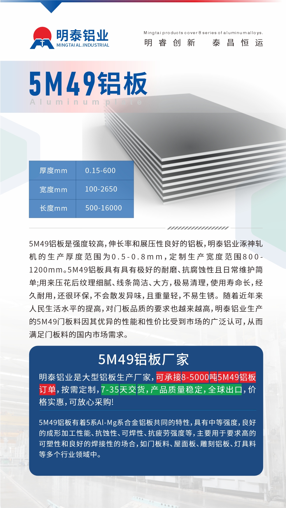 5M49鋁板是強(qiáng)度較高，伸長率和展壓性良好的鋁板，明泰鋁業(yè)涿神軋機(jī)的生產(chǎn)厚度范圍為0.5-0.8mm，定制生產(chǎn)寬度范圍800-1200mm。5M49鋁板具有具有極好的耐磨、抗腐蝕性且日常維護(hù)簡單;用來壓花后紋理細(xì)膩、線條簡潔、大方，極易清理，使用壽命長，經(jīng)久耐用，還很環(huán)保，不會散發(fā)異味，且重量輕，不易生銹。 隨著近年來人民生活水平的提高，對門板品質(zhì)的要求也越來越高，明泰鋁業(yè)生產(chǎn)的5M49門板料因其優(yōu)異的性能和性價比受到市場的廣泛認(rèn)可，從而滿足門板料的國內(nèi)市場需求。
