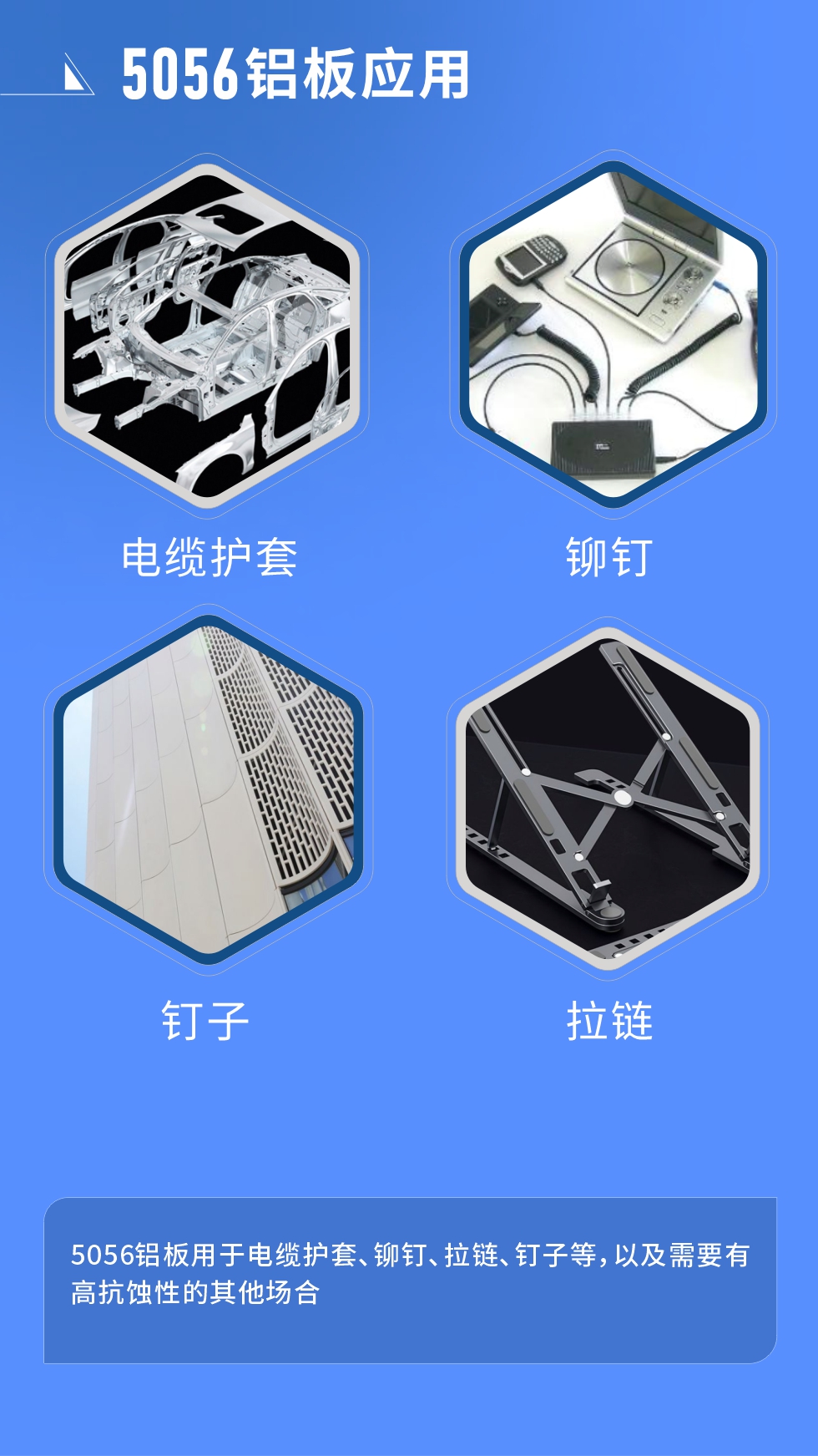 市場(chǎng)應(yīng)用
　　5056鋁板用于電纜護(hù)套、鉚釘、拉鏈、釘子等，以及需要有高抗蝕性的其他場(chǎng)合。
　　5056鋁板生產(chǎn)廠家
　　明泰鋁業(yè)支持定做，為用戶合理推薦更合理產(chǎn)品規(guī)格，并提供優(yōu)惠報(bào)價(jià)，讓您選購(gòu)無(wú)憂。
　　明泰鋁業(yè)是一家集科研、加工、制造為一體的大型現(xiàn)代化鋁加工企業(yè)。公司可生產(chǎn)1-8系鋁板帶箔產(chǎn)品，規(guī)格齊全。