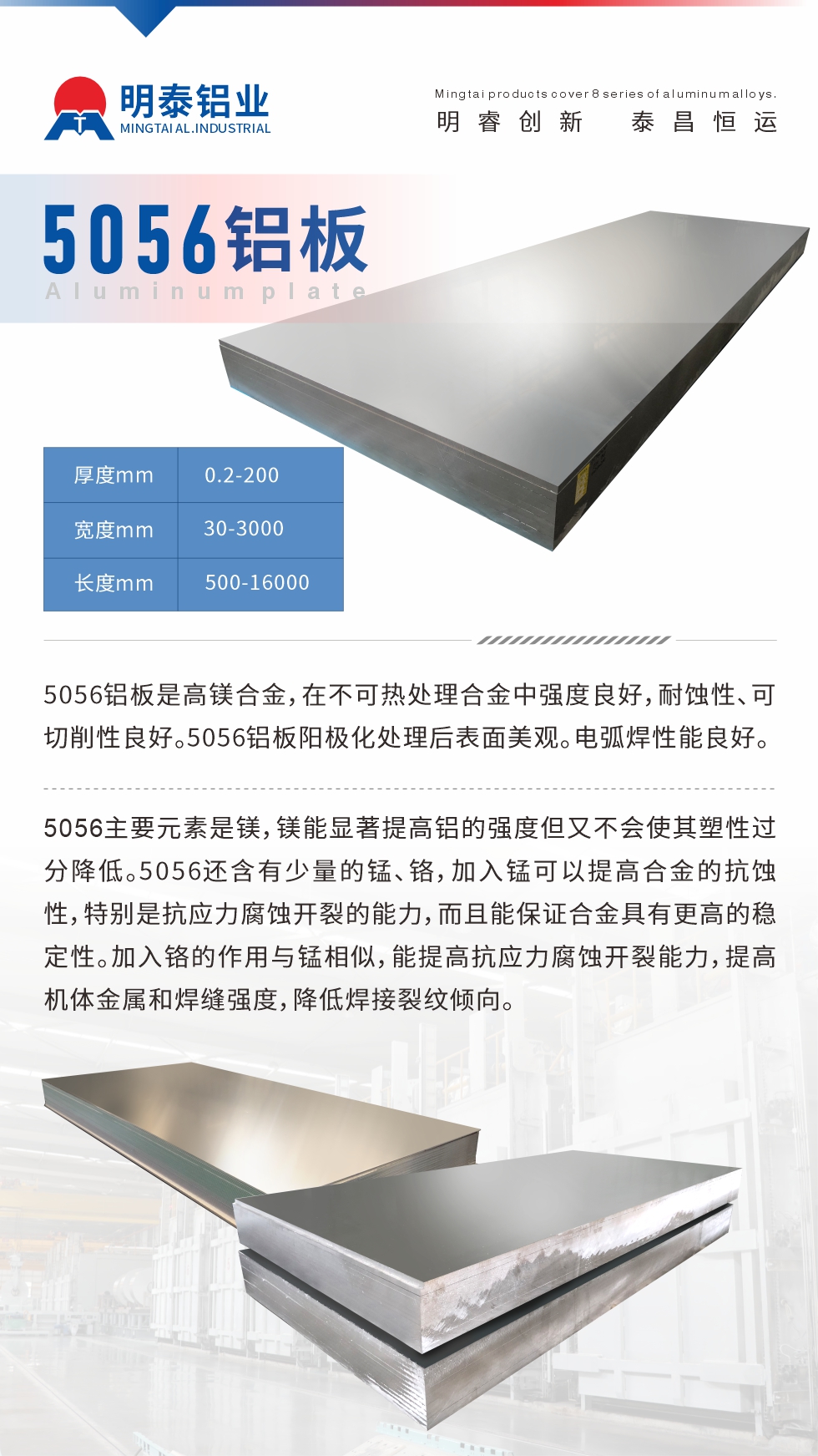 5056鋁板介紹
　　5056鋁板是高鎂合金，在不可熱處理合金中強(qiáng)度良好，耐蝕性、可切削性良好。5056鋁板陽(yáng)極化處理后表面美觀。電弧焊性能良好。
　　5056主要元素是鎂，鎂能顯著提高鋁的強(qiáng)度但又不會(huì)使其塑性過(guò)分降低。5056還含有少量的錳、鉻，加入錳可以提高合金的抗蝕性，特別是抗應(yīng)力腐蝕開(kāi)裂的能力，而且能保證合金具有更高的穩(wěn)定性。加入鉻的作用與錳相似，能提高抗應(yīng)力腐蝕開(kāi)裂能力，提高機(jī)體金屬和焊縫強(qiáng)度，降低焊接裂紋傾向。