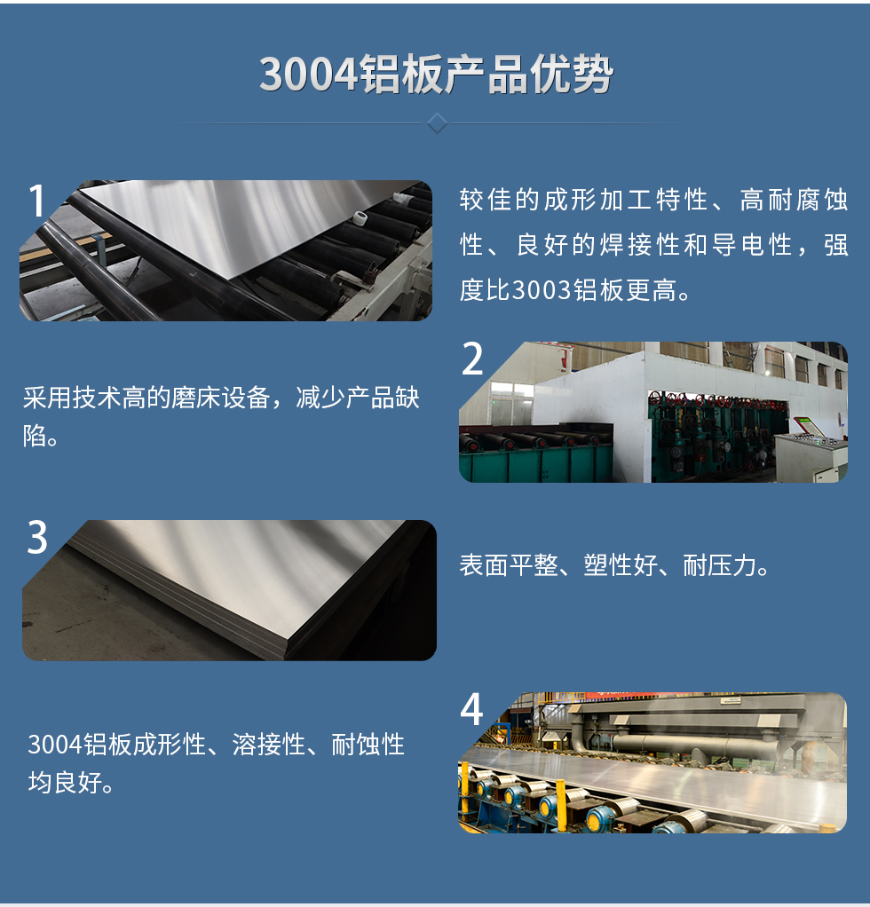 3004鋁板產(chǎn)品優(yōu)勢(shì)
　　1、較佳的成形加工特性、高耐腐蝕性、良好的焊接性和導(dǎo)電性，強(qiáng)度比3003鋁板更高。
　　2、采用技術(shù)高的磨床設(shè)備，減少產(chǎn)品缺陷。
　　3、表面平整、塑性好、耐壓力。
　　明泰3004鋁板優(yōu)勢(shì)
　　1、3004鋁板成形性、溶接性、耐蝕性均良好。
　　2、好的成形加工特性、高耐腐蝕性、良好的焊接性和導(dǎo)電性，強(qiáng)度比3003鋁板更高。
　　3、3004鋁板表面平整、塑性好、耐壓力;
　　4、采用國(guó)際先進(jìn)的磨床設(shè)備，減少產(chǎn)品缺陷。