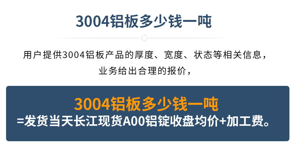 3004鋁板多少錢一噸
　　用戶提供3004鋁板產(chǎn)品的厚度、寬度、狀態(tài)等相關(guān)信息，業(yè)務(wù)給出合理的報(bào)價(jià)，
　　3004鋁板多少錢一噸=發(fā)貨當(dāng)天長(zhǎng)江現(xiàn)貨A00鋁錠收盤均價(jià)+加工費(fèi)。
　  3004鋁板生產(chǎn)廠家_明泰鋁業(yè)
